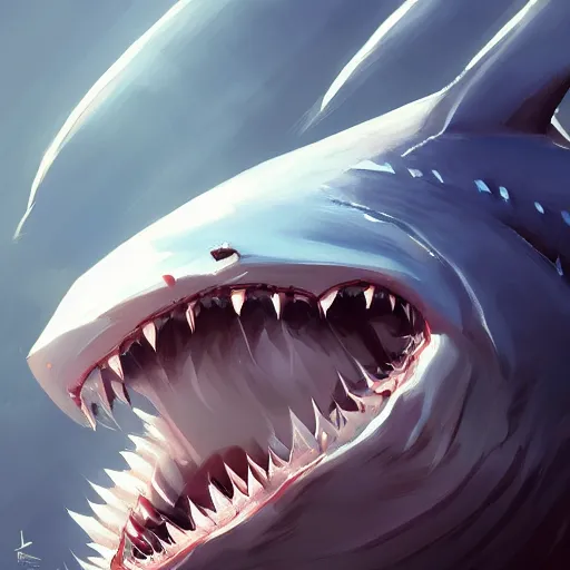 Image similar to portrait of an antropomorphic shark knight with the face of a white shark, mattepainting concept blizzard pixar maya engine on cold night stylized background splash comics global illumination lighting artstation lois van baarle, ilya kuvshinov, rossdraws