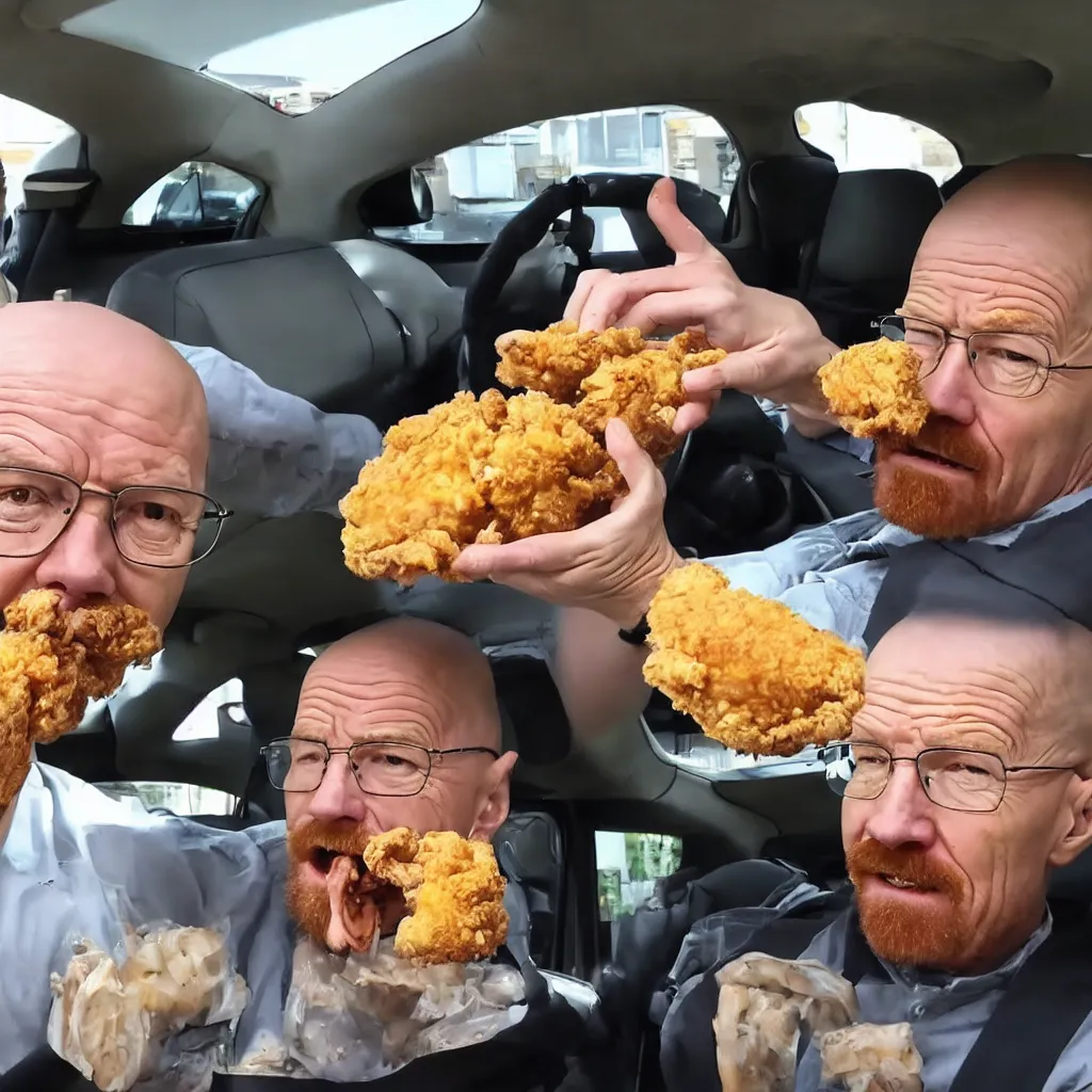 Image similar to photo of walter white sitting in a car, surprised soyjak face, surrounded by fried chicken, mukbang video, youtube video, soyface!!!, hd