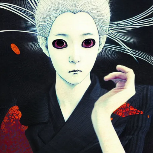 Image similar to yoshitaka amano blurred and dreamy realistic three quarter angle portrait of a woman with white hair and black eyes wearing dress suit with tie, junji ito abstract patterns in the background, satoshi kon anime, noisy film grain effect, highly detailed, renaissance oil painting, weird portrait angle, blurred lost edges