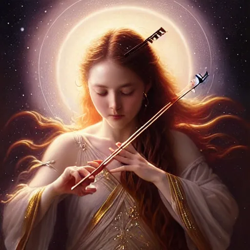 Image similar to a high quality life like portrait of a very very beautiful! celestial goddess of life playing a mystical violin and springing life into the universe, highly detailed, intricate, sharp focus, fantasy, mystical, dreamlike, by WLOP and greg rutkowski