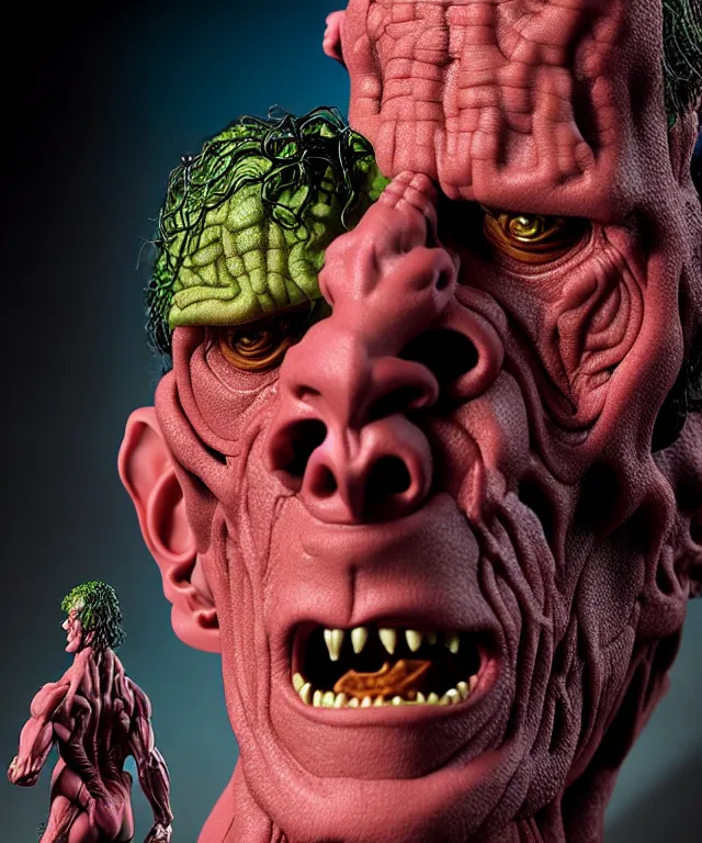 Prompt: hyperrealistic rendering, frankenstein, by art of skinner and richard corben and jeff easley, product photography, action figure, sofubi, studio lighting, colored gels