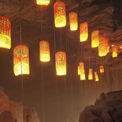 Image similar to concept art, river lanterns on the eve of ullambana festival, high resolution, cave temples of dunhuang style, artstation