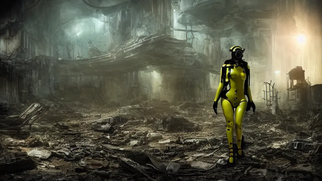 Prompt: big budget scifi movie set in postapocalyptic world with alien brainsuckers sexy female cyborg in yellow rubber and gas mask in ruins of church