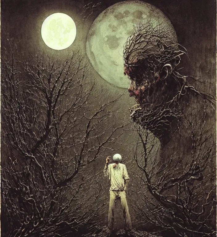 Prompt: old white - headed man under the huge moon on a street of ruined city by beksinski and takato yamamoto, part by jackson pollock, very coherent, baroque elements