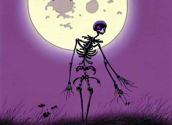 Image similar to a still from a studio ghibli movie of a purple cloaked skeleton necromancer from moomin ( 1 9 9 7 ), in front of a pale full moon, full body, wide shot, very dull muted colors, studio ghibli, highly detailed, deviantart, art by artgem