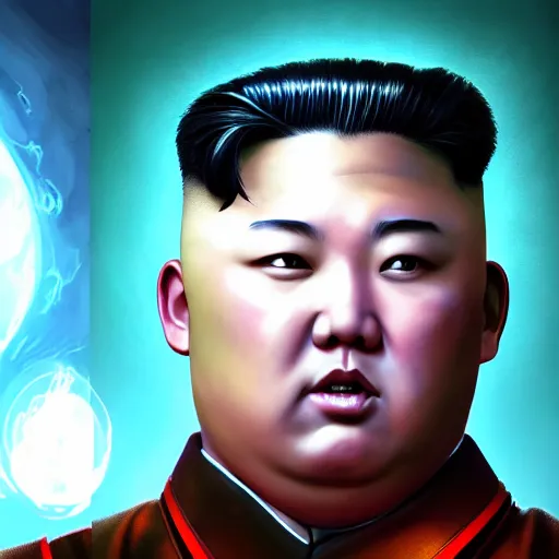 Image similar to portrait of kim - jong un as a spellcaster and mage, league of legends amazing splashscreen artwork, splash art, natural light, elegant, photorealistic facial features, intricate, fantasy, detailed face, atmospheric lighting, anamorphic lens flare, cinematic lighting, league of legends splash art, hd wallpaper, ultra high details by greg rutkowski