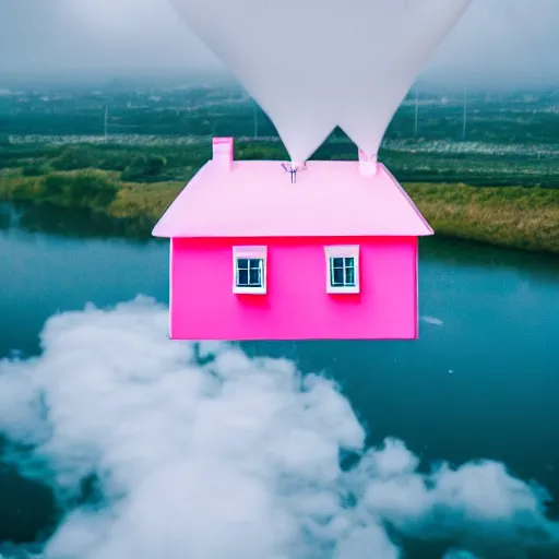 Image similar to a 5 0 mm lens photograph of a cute pink floating modern house, floating in the air between clouds, inspired by the movie up, held up from above by a heart - shaped ballon. mist, playful composition canon, nikon, award winning, photo of the year