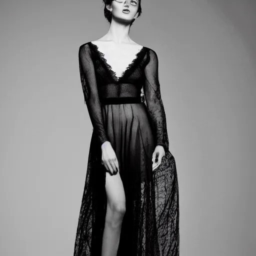 Image similar to sheer dress with plunging neckline and lace sleeves. award-winning fashion photography. intimate and vulnerable lighting. JUST THE DRESS. THERE IS NO HUMAN IN THIS IMAGE. PHOTOGRAPHY OF THE CLOTHES ONLY 130mm bw fashion photography.