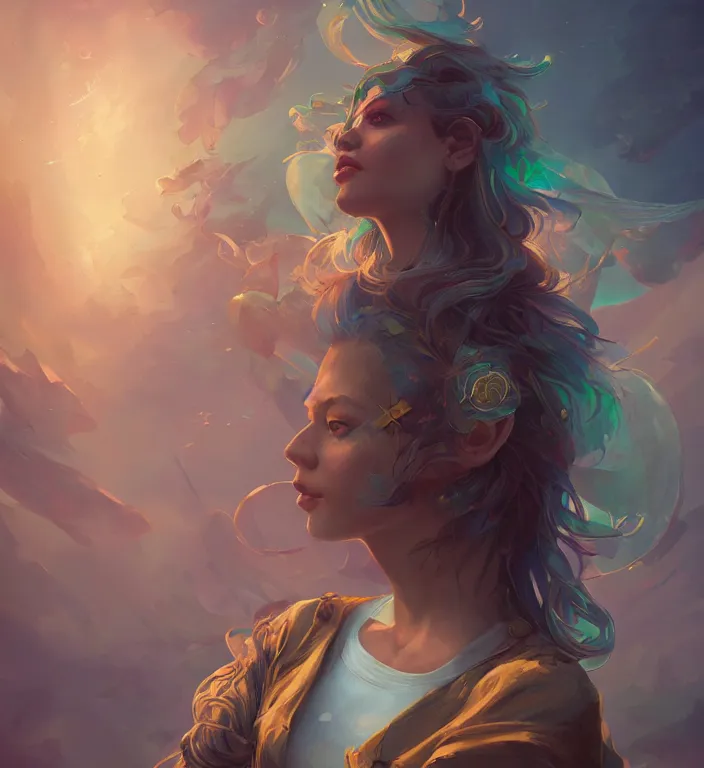 Image similar to centered waist up portrait photography an angel + bokeh + DOF + 8k, photorealistic + rendered in unreal engine + colors and composition by Peter Mohrbacher + line work by Dan Mumford