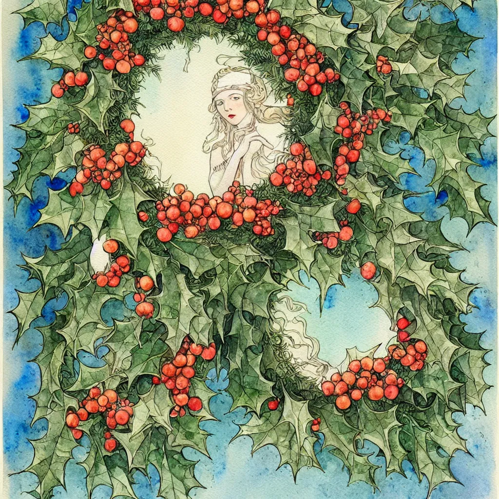 Prompt: realistic watercolor painting of one wreath of holly centered on a white background, detailed art by kay nielsen and walter crane, illustration style, watercolor