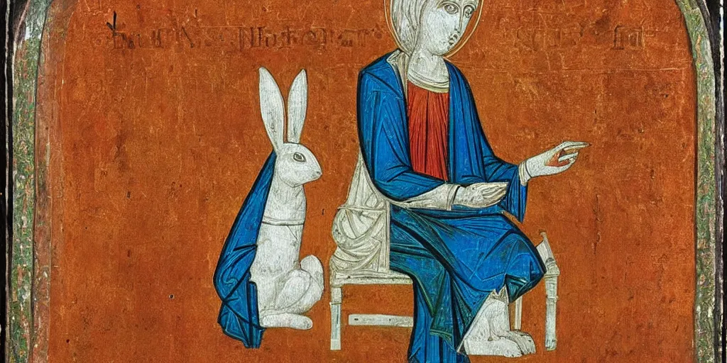 Image similar to byzantine art showing a white rabbit seated on a throne