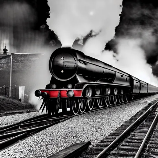 Image similar to a hyperdetailed black and white photograph of the flying scotsman on the rails producing lots of black smoke in an old timey city, night, dense fog, rain, hd, 8 k, cinematic, volumetric lighting