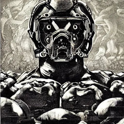 Image similar to doomguy portrait by goya and escher and hogarth, illusion surreal art, highly conceptual figurative art, intricate detailed illustration, controversial poster art, polish poster art, geometrical drawings, no blur