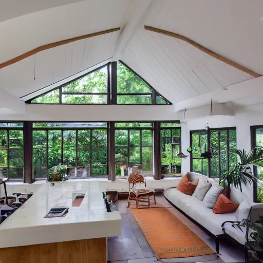 Image similar to A residential house built in a colonial style with a renovated usoian upper floor, a brutalist sunroom on the right hand side, and a bauhaus roof line. well lit from the inside, Real estate photography