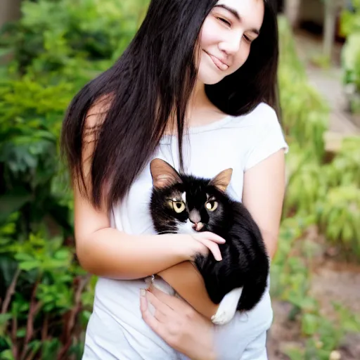 Image similar to a young adult woman with long dark hair, big and shiny black eyes and her tabby cat, a stock photo by juan villafuerte, pexels contest winner, high quality photo, rtx, hd, tumblr contest winner, anime, pretty, sensual