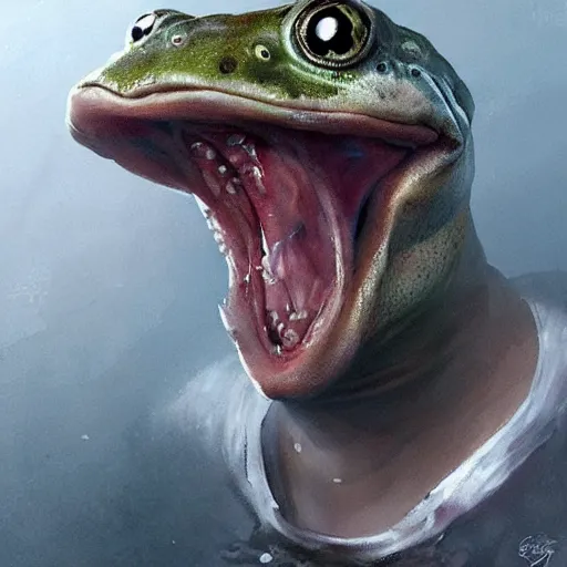 Image similar to hyper realistic derpy hybrid of dan akroyd and frogman by greg rutkowski