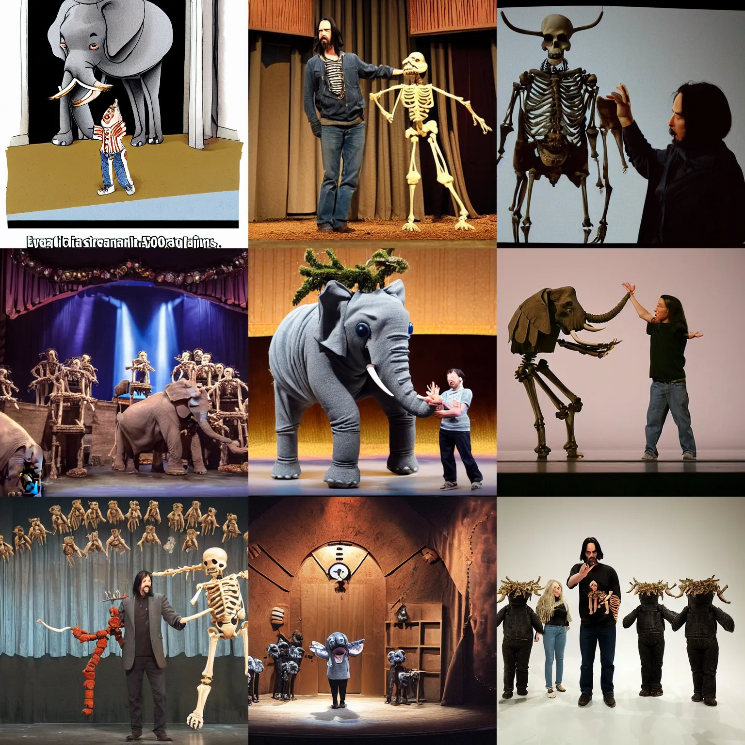 Prompt: a stage performance featuring a live elephant, a choir of bees, a puppet operated by keanu reeves skeleton dancers, a baby with antlers, keanu is a puppet operated by me, the theatre is buffering, the audience is hovering, the stage is made of little pieces of jeans, the interval snack is the concept of sadness served by an animate sneeze