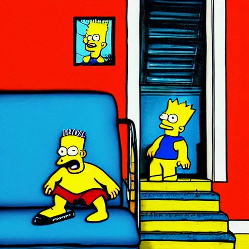 Image similar to Bart Simpson skateboarding down the stairs, digital art, RHADS