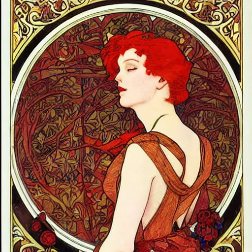 Prompt: redhead poster drawn by Verneuil, mucha, henri gillet, William Morris, John Henry Dearle, klimt