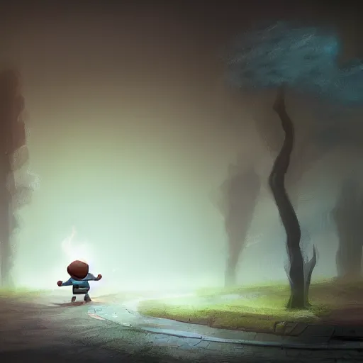 Image similar to a little guy roaming the world ,concept art trending on artstation, full body ,devainart,atmospheric, 8k ,HD ,glowing effect, foggy