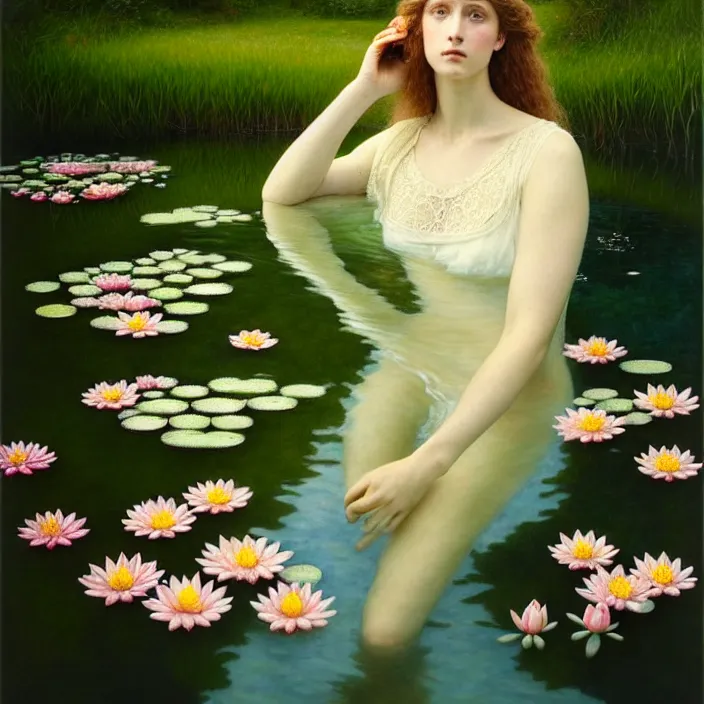 Image similar to Kodak Portra 400, 8K, soft light, volumetric lighting, highly detailed, britt marling style 3/4 ,portrait photo of a beautiful woman how pre-Raphaelites painter, the face emerges from the water of a pond with water lilies, julie dillon, a beautiful lace dress and hair are intricate with highly detailed realistic beautiful flowers , Realistic, Refined, Highly Detailed, natural outdoor soft pastel lighting colors scheme, outdoor fine art photography, Hyper realistic, photo realistic