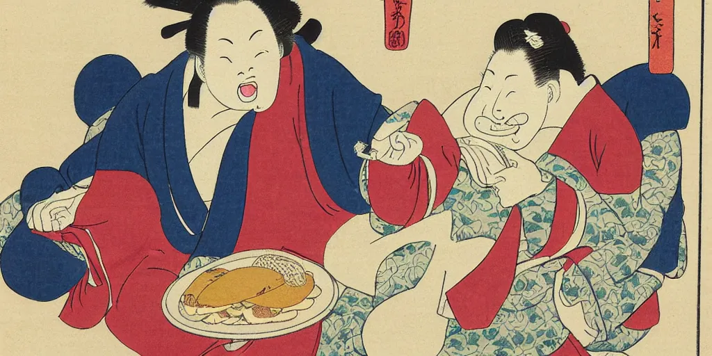 Image similar to ukiyo - e woodblock print of an obese middle aged american woman eating a hamburger, by hokusai