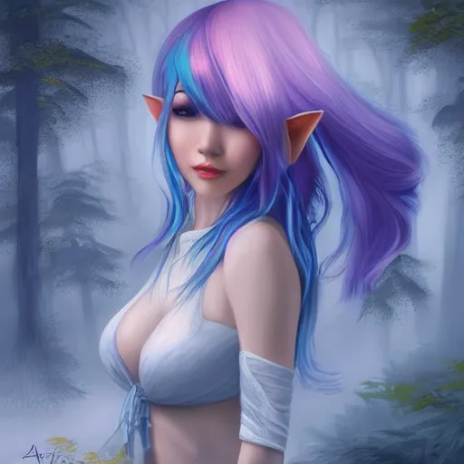 Prompt: beautiful young Asian elf woman with blue hair in a hazy forest at dusk, by Artgerm