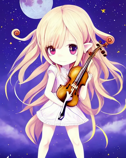 Prompt: chibi, cute, big eyes, full body, elf girl with white skin and golden long wavy hair, holding a violin and playing a song, stunning art style, filters applied, lunar time, night sky, trending art, sharp focus, centered, landscape shot, fate zero, simple background, studio ghibly makoto shinkai yuji yamaguchi, by wlop