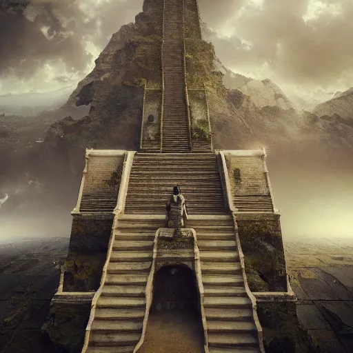 Image similar to full body pose, hyperrealistic photograph of stairway to heaven, dim volumetric lighting, 8 k, octane beautifully detailed render, extremely hyper detailed, intricate, epic composition, cinematic lighting, masterpiece, trending on artstation, very very detailed, stunning, hdr, smooth, sharp focus, high resolution, award, winning photo, dslr, 5 0 mm