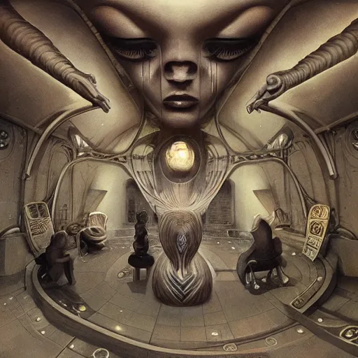 Image similar to detailed face of a woman with obsidian eyes in a biomorphic courtyard with dna sculptures at a science expo, atmospheric, ambient, pj crook, syd mead, livia prima, artgerm, greg rutkowski, nick alm, casey baugh