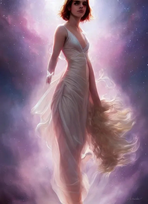 Image similar to emma watson as nature magic celestial, long hair, soft pink and white transparent cloth, space, D&D, shiny background, intricate, elegant, highly detailed, digital painting, artstation, concept art, smooth, sharp focus, illustration, artgerm, bouguereau