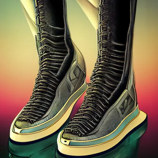 Image similar to futuristic balenciaga and vetements sneakers by aaron horkey, trending on artstation, skeleton, ultra rendered extreme realism and detail, 8 k, highly detailed, realistic, completely framed, pbr, surreal, hyper realistic, colorful, direct lighting, 3 5 mm photo, photorealistic, sharp focus,