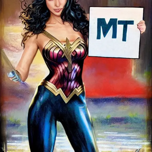 Image similar to Gal Gadot holding a sign that says M I T C H I E P O O !!!! as painted by Ralph Horsley