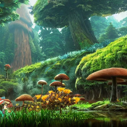 Image similar to Huge redwood tree village, mushrooms, flowers growing, pond, river, waterfalls, by Miyazaki Nausicaa Ghibli, breath of the wild style, epic composition Trending on Artstation, octane render, Insanely Detailed, 8k, HD