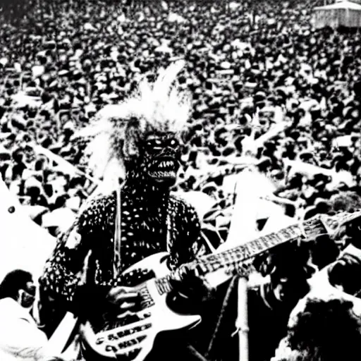 Image similar to a person in a Godzilla costume as Jimi Hendrix performing on stage at Woodstock, photo