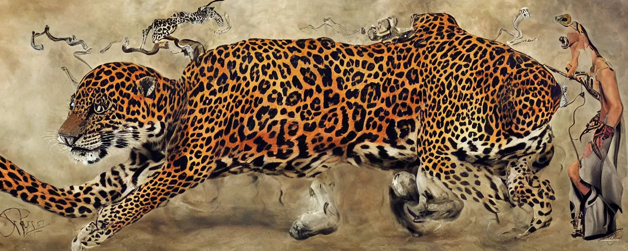 Image similar to an intricated and detailed painting of a shaman turning into a jaguar by salvador dali 4 k render