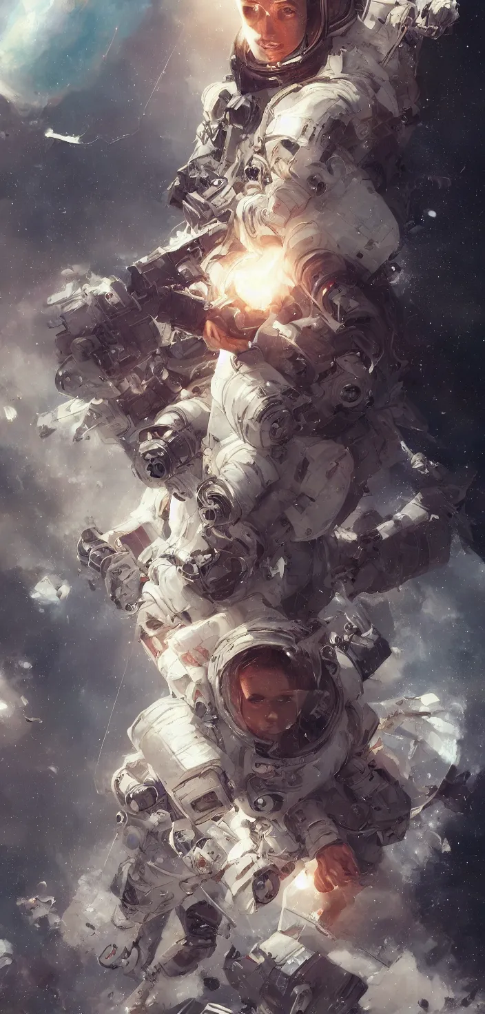 Image similar to beautful award winning aesthetic commission of an astronaut,digital art,art by greg rutkowski,artgerm,ross tran,photorealistic,hyperdetailed,western comic style,2021,space atmosphere,beautfiul,HD,4k