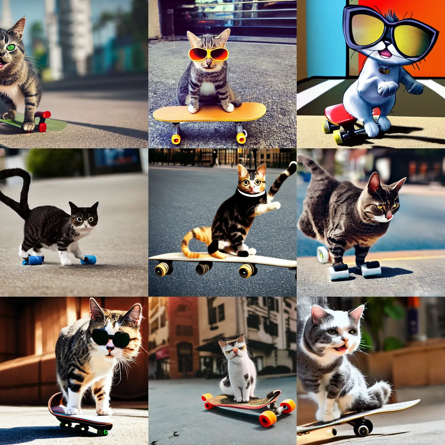 Prompt: a cat standing on its back legs, wearing high top sneakers and sunglasses, riding a skateboard, highly detailed, sharp focus, cute and funny, pixar