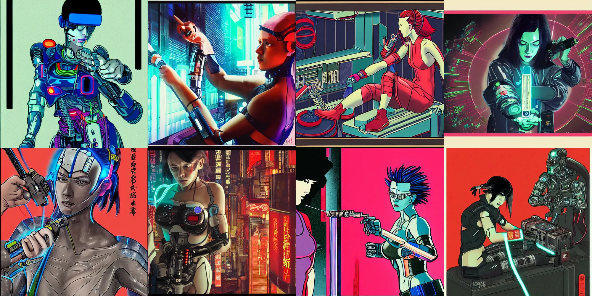 Prompt: cyberpunk, cyborg woman repairing her cybernetic arm with a sonic screwdriver, detailed, ukiyo-e, neon, Sergiy Polobyuk, Vitaliy Bondarchuk, ghost in the shell,