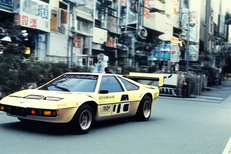 Image similar to single racecar 1 9 7 8 audi quattro, bmw m 1, movie still, vintage footage on tokyo streets, volumetric lighting, f 8 aperture, cinematic eastman 5 3 8 4 film