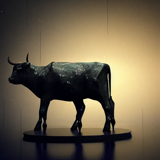 Image similar to cyberpunk cow statue, rain, space, galaxy, octane render, hyperrealism