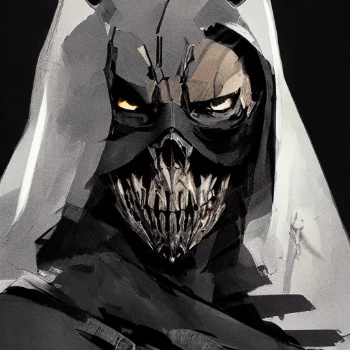 Prompt: portrait of a character wearing a black cloak, with a white mask in the shape of an animal skull, the mask covers her entire face, dramatic lighting, illustration by Greg rutkowski, yoji shinkawa, 4k, digital art, concept art, trending on artstation
