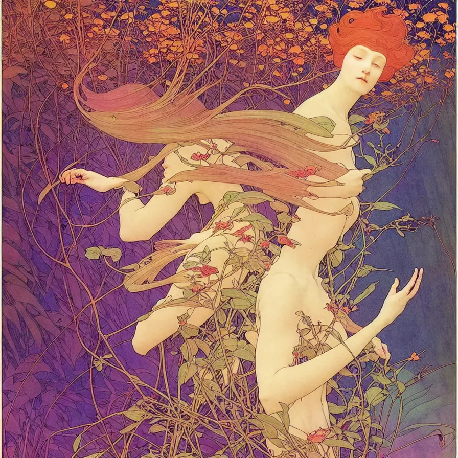 Image similar to ( ( ( beautiful strange forest and flowers and birds ) ) ) by mœbius!!!!!!!!!!!!!!!!!!!!!!!!!!!, overdetailed art, colorful, record jacket, cover art design, decorative frame like alfons maria mucha