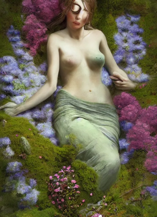 Image similar to digital _ painting _ of _ a woman on a bed of moss and flowers _ by _ filipe _ pagliuso _ and _ justin _ gerard _ symmetric _ fantasy _ highly _ detailed _ realistic _ intricate _ port