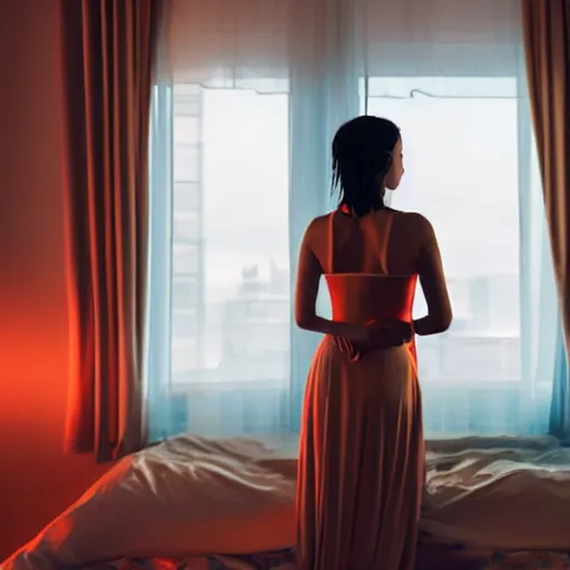 Image similar to dancing girl wearing a gown, short hair, bed room, cyberpunk city view out of the window, no lights in bedroom, bright neon lights from the city