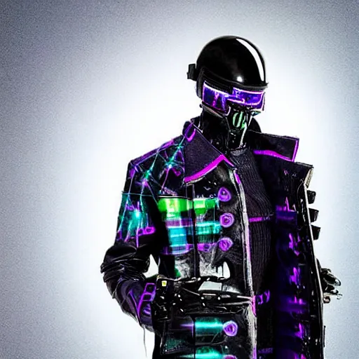 Prompt: mysterious figure wearing a synthwave punk cyber cybernetic trenchcoat. photograph, postapocalyptic, over the shoulder, fashion, vimeo netflix, decorated punk trenchcoat. motocross helmet with two long spoilers. gentleman elegant