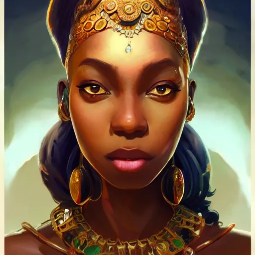 Prompt: portrait of mel medarda from arcane, dark skin, gold jewelry, african princess, art by pete mohrbacher and guweiz and ilya kuvshinov, digital art, highly detailed, intricate, sharp focus, trending on artstation hq, deviantart, unreal engine 5, 4 k uhd image