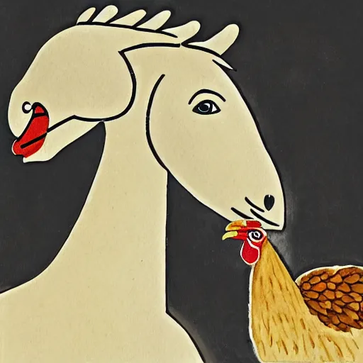 Image similar to horse and a large chicken standing back to back, in a cool pose, childhood illustration, friendly, pen and ink