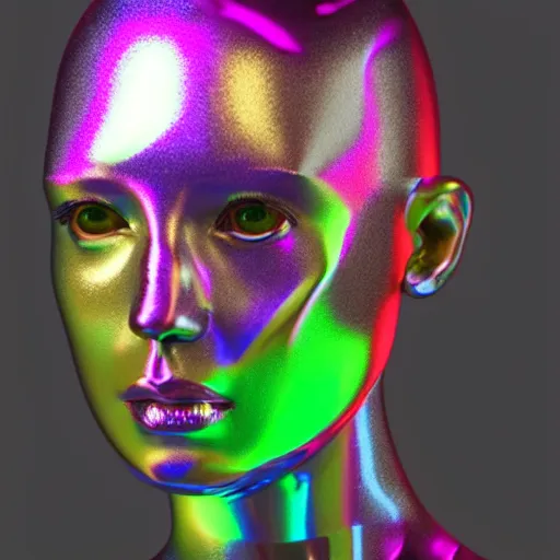 Image similar to 3d render of holographic human robotic head made of glossy iridescent, surrealistic 3d illustration of a human face non-binary, non binary model, 3d model human, cryengine, made of holographic texture, holographic material, holographic rainbow, concept of cyborg and artificial intelligence