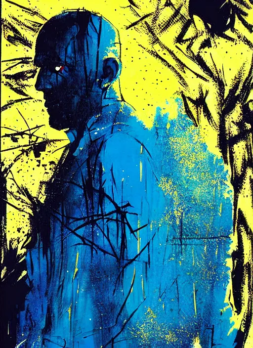 Image similar to horror art, jason statham vampire hunter, blue and gold trees in the background, art by jock